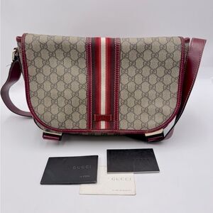 Auth Gucci Brown Supreme PVC Red Leather Trim Messenger Bag Monogram Sherry Line